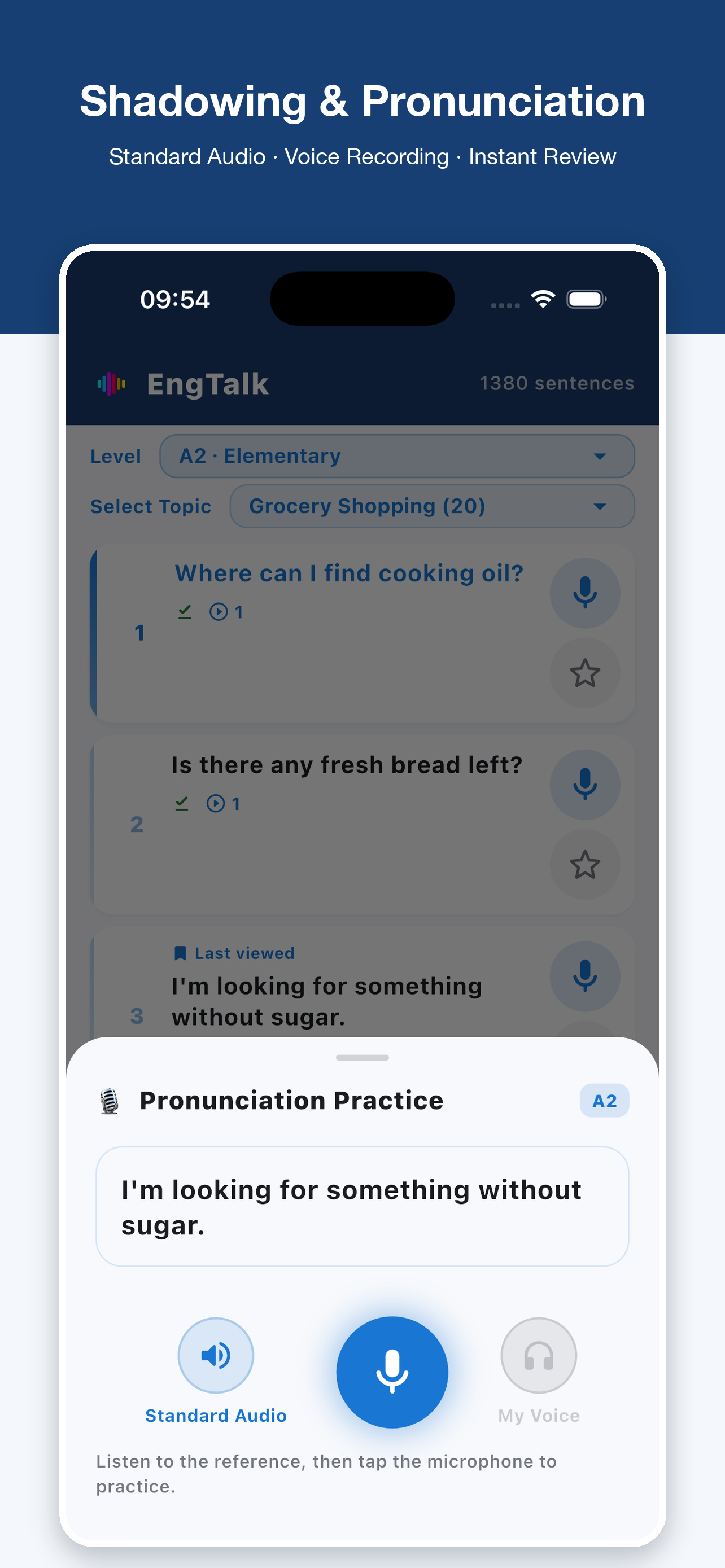 Pronunciation assessment screen scoring each spoken sentence