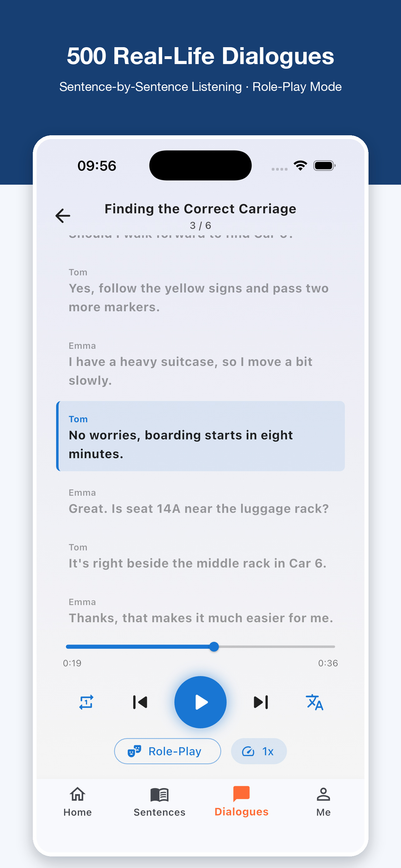Dialogue player with bilingual subtitles and sentence-by-sentence looping