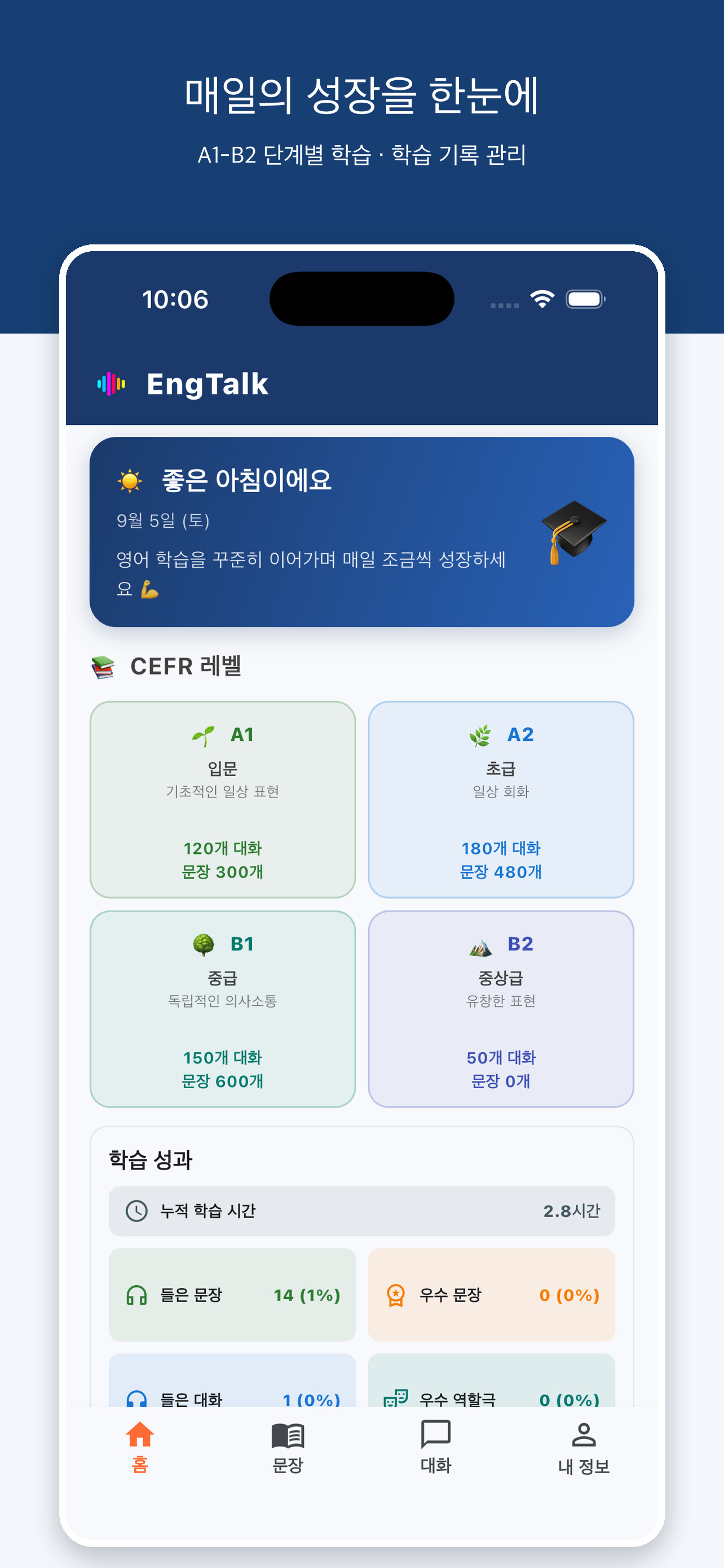 A1~B2 학습 진행 상황과 연속 학습일을 보여주는 EngTalk 화면
